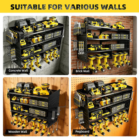 Heavy Duty Tool Wall Mount Organizer Four Tier Steel Rack with drill tools holder on various walls