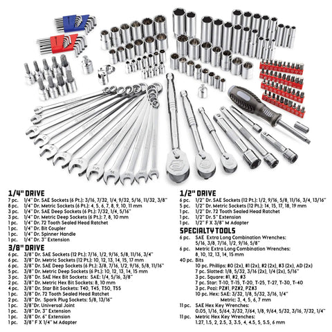 152 Piece Drive Mechanics Tool Set With 1/4, 3/8, And 1/2 Inch Sockets, 72 Tooth Seal-Head Ratchet, SAE And Metric Socket Set, Wrenches, Bits, Extensions, In Heavy Duty Case For Auto Repair Pros displayed on white background
