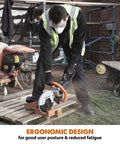 Worker using R230DCT 9 Inch Concrete Saw With 15A Motor No Gas Beats The Grinder Hands Down Ergonomic Lightweight Design With Wheeled Skid Plate For Easy Precise Cutting Diamond Masonry Blade Included on pallets outdoors