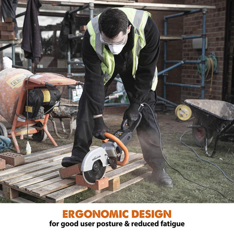 Worker using R230DCT 9 Inch Concrete Saw With 15A Motor No Gas Beats The Grinder Hands Down Ergonomic Lightweight Design With Wheeled Skid Plate For Easy Precise Cutting Diamond Masonry Blade Included on pallets outdoors