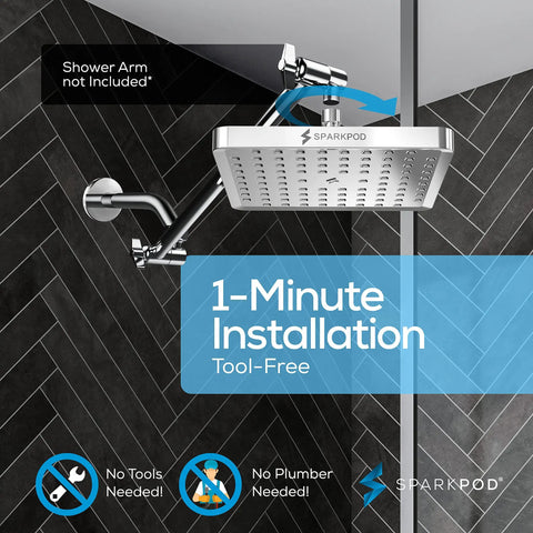 High Pressure Rain Shower Head Upgrade to Boost Your Shower Game, Easy Tool Free Install, Adjustable 8 Inch Square Chrome Rainfall Head