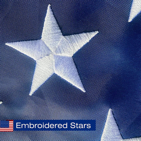 Close-up of embroidered stars on USA Flag 2.5x4 Ft Pole Sleeve Banner Style With Embroidered Stars And Sewn Stripes Heavy Duty Durable Polyester