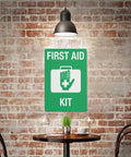 Emergency Medical Supplies Sign for office or home use displayed on a brick wall above a table, rugged aluminum with high-visibility letters.