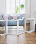 Ultra Wide 96 Inch Dog Gate With Walk Through Door, freestanding wire pet gate in living room, 30 inch tall, white