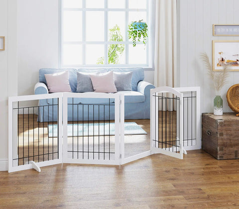Ultra Wide 96 Inch Dog Gate With Walk Through Door, freestanding wire pet gate in living room, 30 inch tall, white