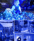 Collage: Child and dog with blue LED lights indoors; festive street with string lights; outdoor potted plants lit; holiday doorway lights.