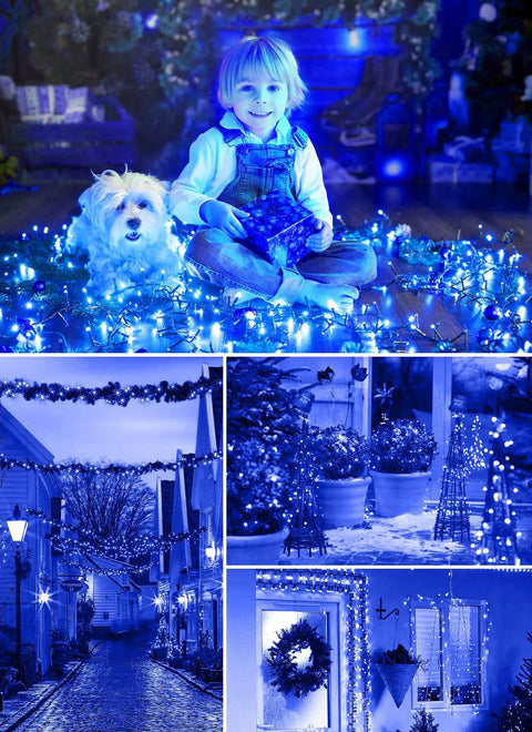 Collage: Child and dog with blue LED lights indoors; festive street with string lights; outdoor potted plants lit; holiday doorway lights.
