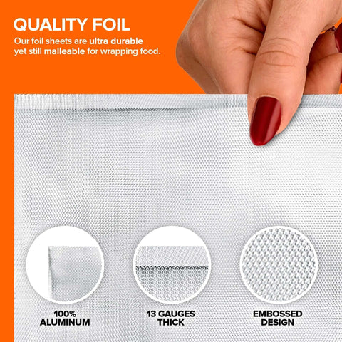 Close-up of hand holding Pre Cut 12 Inch Heavy Duty Aluminum Foil Wraps 200 Count Pop Up Sheets showing thickness and embossed design