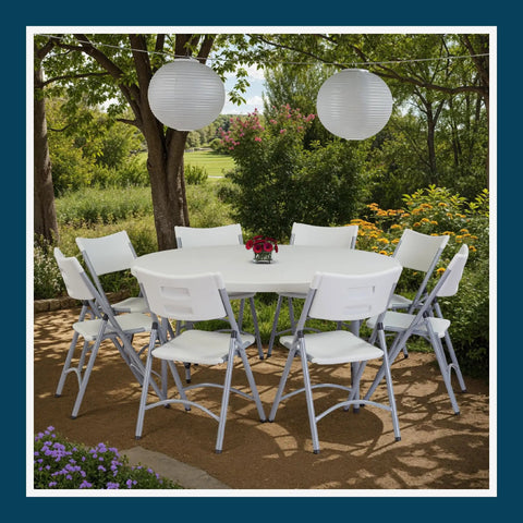 Round folding table built like a tank for heavy duty use with thick blow molded top and 17 gauge steel frame, 60 inch speckled gray surface
