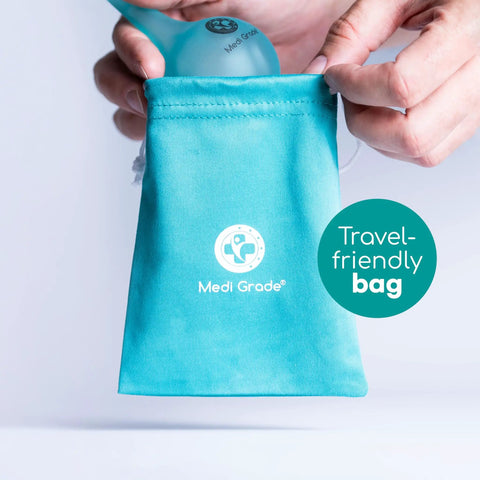 Quad Stream Ear Syringe Kit travel-friendly bag with 75 ml bulb peeking out, showing compact design for ear wax removal.