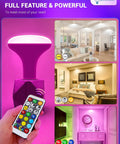 BR30 Color Changing Flood Lights Lit RGB Warm Cool White LED Recessed Light Bulbs in various room settings with remote control