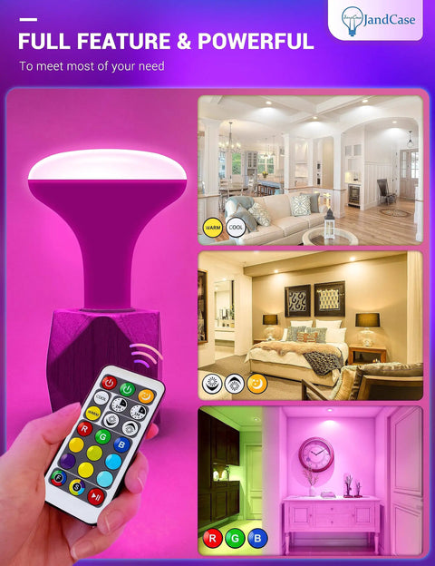 BR30 Color Changing Flood Lights Lit RGB Warm Cool White LED Recessed Light Bulbs in various room settings with remote control