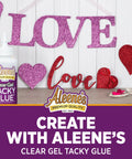 Clear Gel Tacky Glue For Crafts And Slime, 4 Oz Bottle, Water Cleanup, Dries Quick, next to decorated 'LOVE' craft display