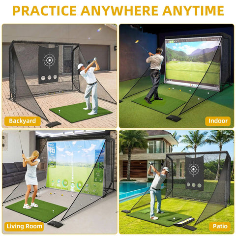 Multiple 10x7ft Golf Hitting Net With Side Net And Simulator Cloth setups for backyard, indoor, living room, and patio practice.