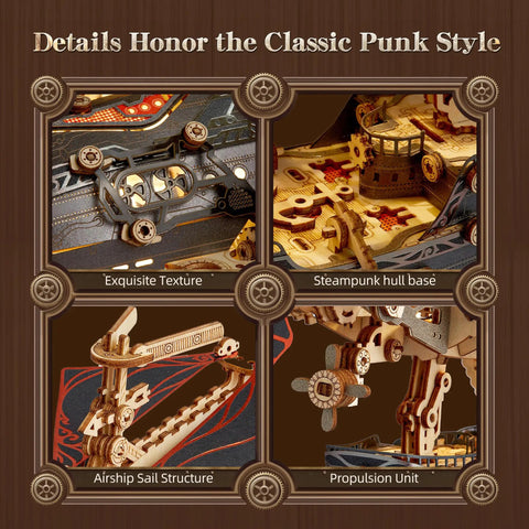 LED 3D Wood Puzzle Airship Model For Teens And Adults Steampunk DIY Craft Kit With LED Lights Totally Epic Intricate Wooden Airship Build Fantasy Sky Craft Gray Edition details view