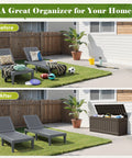 Heavy Duty 80 Gallon Outdoor Storage Box Top Shelf Resin Deck Crate in patio setting with sports equipment and plants.
