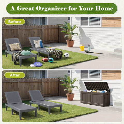 Heavy Duty 80 Gallon Outdoor Storage Box Top Shelf Resin Deck Crate in patio setting with sports equipment and plants.