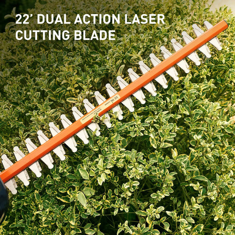 Cordless Hedge Trimmer With 22 Inch Dual Action Blades cutting shrubs with precision