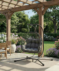 Heavy Duty 700 Lb Double Egg Chair with Stand for Indoor or Outdoor Use hanging under pergola in garden setting