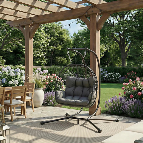 Heavy Duty 700 Lb Double Egg Chair with Stand for Indoor or Outdoor Use hanging under pergola in garden setting