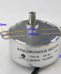 12V AC Synchronous Motor TYD-50 with 10-12 RPM, 11mm flush shaft, CW rotation, labeled measurements on metallic casing