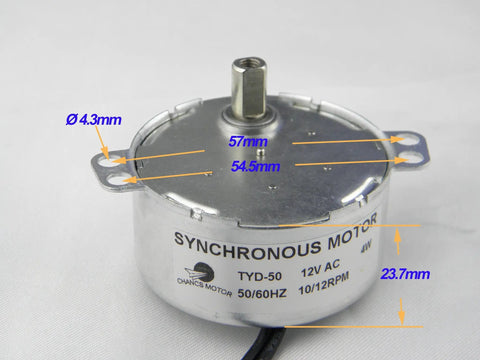 12V AC Synchronous Motor TYD-50 with 10-12 RPM, 11mm flush shaft, CW rotation, labeled measurements on metallic casing