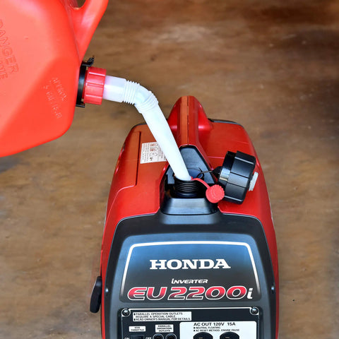 Gas And Water Can Long Angled Spill Free Spout Nozzle With Vent Replacement Kit in use on red generator