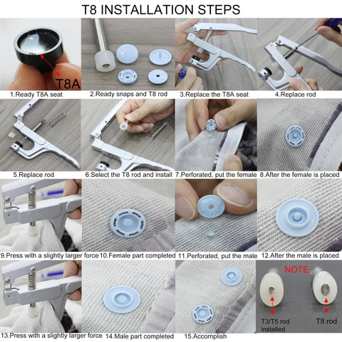 T8 Plastic Snaps Starter Kit For Crafts And Clothing Size 24 No Sew Fasteners 12 Color Assortment installation steps guide