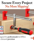 Heavy Duty F Clamps For Woodworking 2 Pack With 630 Lbs Clamping Force Rubber Tips securing wooden block on table.