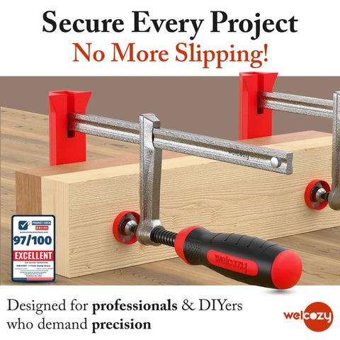 Heavy Duty F Clamps For Woodworking 2 Pack With 630 Lbs Clamping Force Rubber Tips securing wooden block on table.