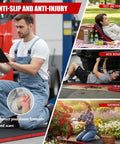 Foldable Mechanic Mat 46.46 Inches By 19.29 Inches Extra Large Beefy Heavy Duty Cushion Pad Waterproof Ground Pad For Garage Gardening Knees Protection EVA Work Mat For Working Under Cars used by a man kneeling, a man under a car, a man reading, and a woman gardening.
