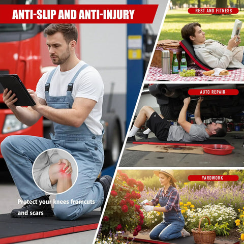 Foldable Mechanic Mat 46.46 Inches By 19.29 Inches Extra Large Beefy Heavy Duty Cushion Pad Waterproof Ground Pad For Garage Gardening Knees Protection EVA Work Mat For Working Under Cars used by a man kneeling, a man under a car, a man reading, and a woman gardening.