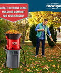 Person using Electric Leaf Mulcher And Shredder No More Bagging For Wet And Dry Leaves Grass Clippings Pine Needles Portable Garden Grinder And Chipper Freestanding Design Up To Thirty To One Mulch Ratio Adjustable Coarseness For Custom Mulch in yard