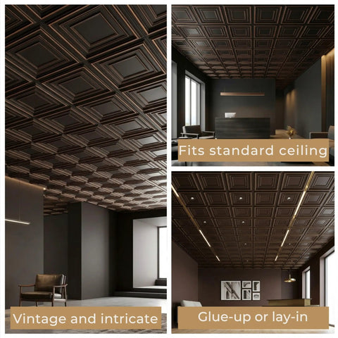 PVC Ceiling Tile 2x2 Lay In Or Glue Up Covers 40 Sq Ft Antique Copper 10 Piece With Dope Tin Look easy install in modern room