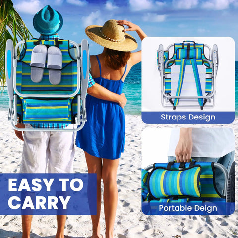 Portable Camping Recliner Chair for Adults with backpack design on beach, showing easy carry straps and collapsible frame.