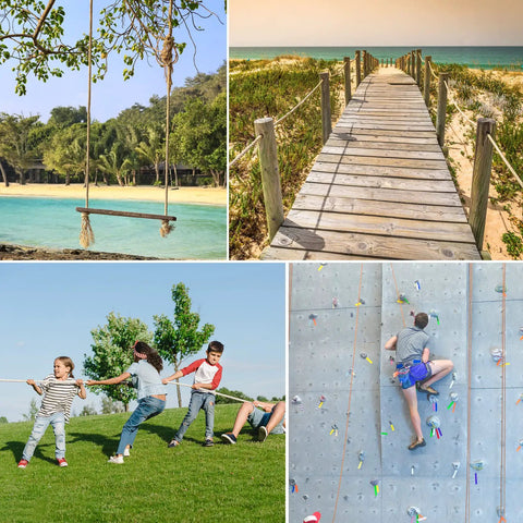 Collage of outdoor activities including a tree swing, beach boardwalk, tug of war, and rock climbing.