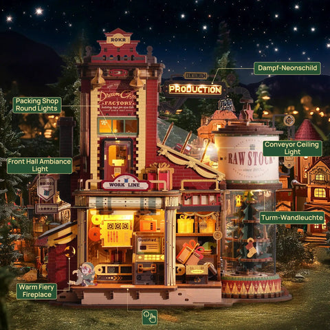 3D Puzzle For Adults Dope Dream Factory Gift Kit Luminous Wooden Model DIY Dollhouse Scene with music lights and elves