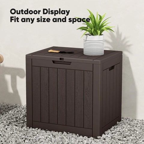 Weatherproof 31 Gallon Deck Box With Lockable Lid for outdoor patio garden and backyard storage shown on a patio.