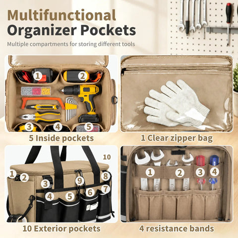 Hella Tough 14 Inch Heavy Duty Tool Bag Featuring Beefy Reinforced Fabric And Massive Main Compartment For Power Tools Measuring Instruments And Blueprints Pro Level 17 Pocket Workhorse Organizer