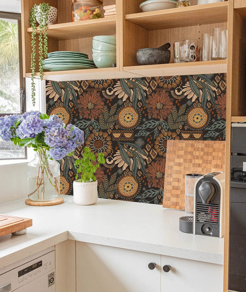 Peel And Stick Floral Boho Wallpaper Removable Mural Renter Friendly Brown Peach Puff Green Retro Wall Decor For Bathrooms And Living Rooms