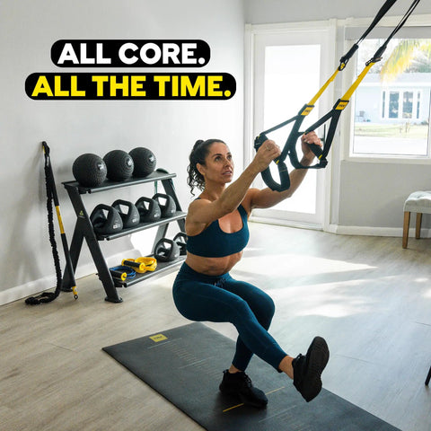 Woman using All-In-One Suspension Training System For Home Workouts And Full-Body HIIT, Indoor And Outdoor Anchors Included, Portable Gym Kit