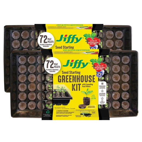 Easy Start All In One Seed Starting Greenhouse Tray Kit With 72 36mm Peat Pellets And Bonus SUPERthrive Sample Plus Plant Markers 2 Pack For A Total Of 144 Pellets Included displayed with packaging.