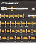 31 Piece Bolt Biter Ratchet Socket Set With EVA Foam Tray showing dual SAE and metric sockets in storage tray