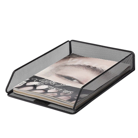 Mesh Desk Organizer with Single Tray, holding magazines, made of sturdy scratch-resistant steel wire for letter and A4 paper management.