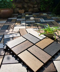 Durable Wood Plastic Composite Patio Deck Tiles With Interlocking Design For 3D Random Pattern DIY Floor Tiles displayed outdoors