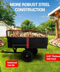 Beefy Heavy Duty Steel Dump Cart For ATVs And UTVs, 1500 Lb Capacity, 15 Cu Ft Open Box filled with logs in a backyard setting