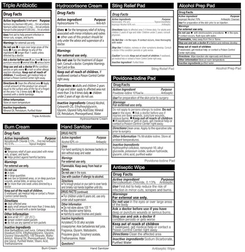 Labels from medical supplies in a Compact 150 Piece First Aid Kit with instant cold pack and emergency blanket.