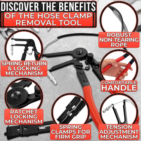 Front view of hose clamp tool pliers with ratchet lock, corrosion-resistant carbon steel, red handle