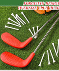 Two red oversized head golf clubs with tees on grass, part of 6 Pack 36 Inch Backyard Golf Club Set With Oversize Heads Right Hand For Home Practice And Family Fun Includes 12 Tees Indoor Outdoor Training Chipping And Gift Ready Red.