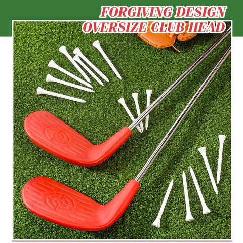 Two red oversized head golf clubs with tees on grass, part of 6 Pack 36 Inch Backyard Golf Club Set With Oversize Heads Right Hand For Home Practice And Family Fun Includes 12 Tees Indoor Outdoor Training Chipping And Gift Ready Red.